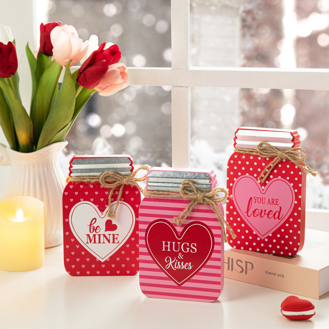 Montclair 3 Piece Valentine's Wooden Mason Jar Table Decor Set (Set of 3) The Twillery Co.®