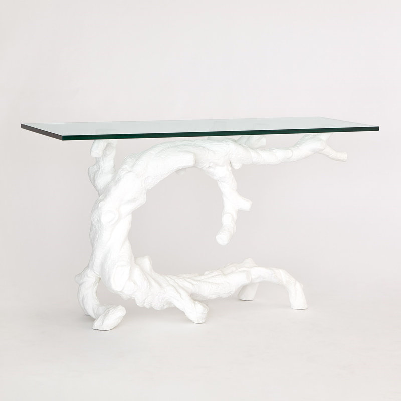 Twisted Juniper Matte White Cast Aluminum Console with Tempered Glass Top