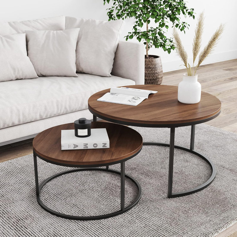 Iysiss Round Modern Nesting Coffee (Set of 2), Stacking Living Room Accent Tables with Tabletops and Metal Frame, Brown