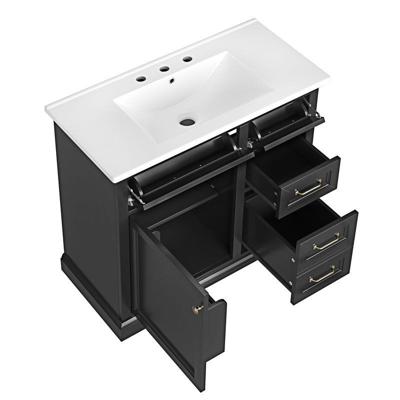 Meuble-lavabo de salle de bain avec lavabo, Noir, Doré