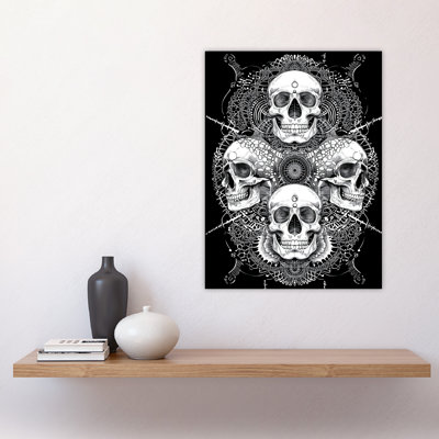Human Skulls Black Trippy Tribal Mandala Wall Art Print