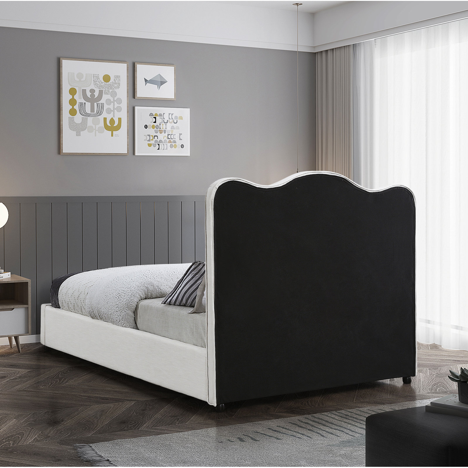 Upholstered Scalloped Bed, King, Cream Linen