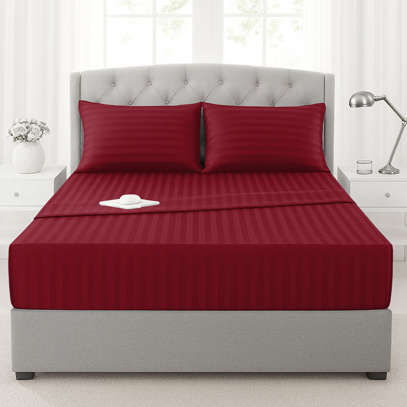 200 Thread Count Microfibre Stripe Fitted Sheet 40cm, Single (3'), Burgundy