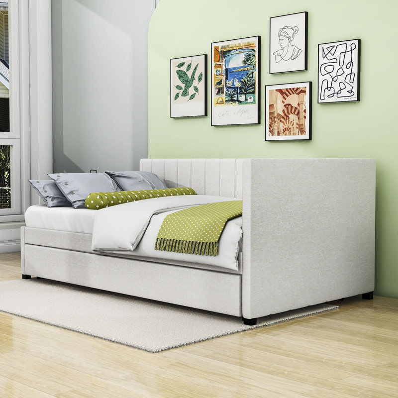 Naqeeb Twin Size Linen Daybed with Twin Size Trundle, Beige