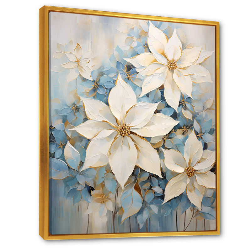 "Poinsettias" beige et bleu, variété florale I, impression sur toile, Cadre flottant doré, 20" H x 12" W