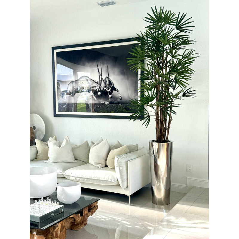 Lady Faux Palm Tree in Metal Planter, Silver, 104" H x 33" W x 33" D