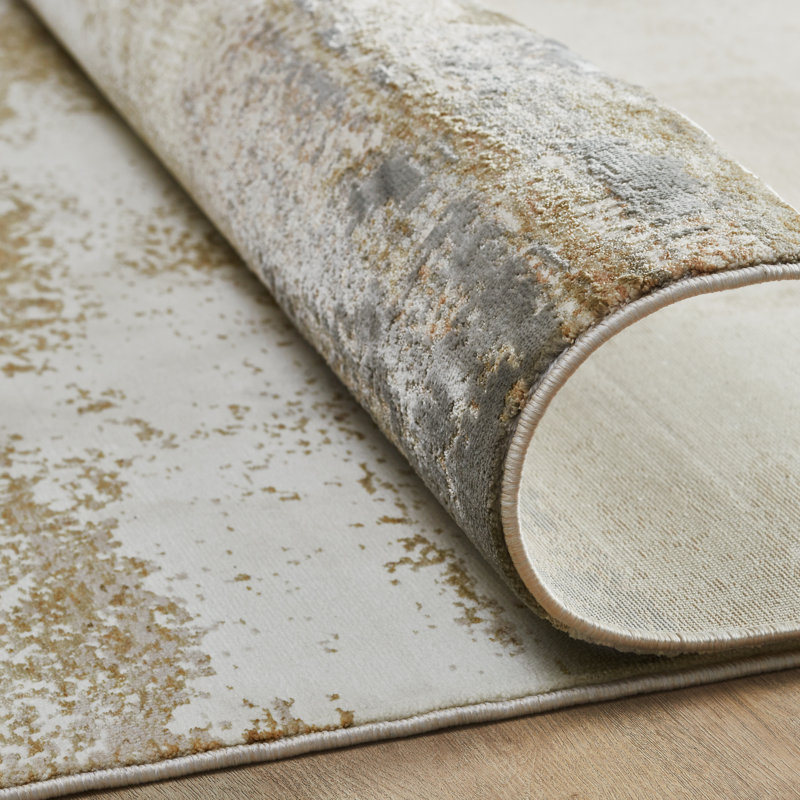 Wallburg Ivory Gold Brushblock Abstract Area Rug, Rectangle 9'6" x 13'