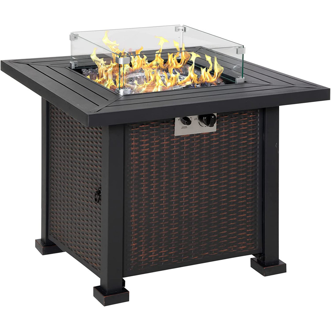 Bulhary Square Propane Gas Fire Pit Table, 50000 BTU Rattan Smokeless Firepit Patio Heater with Glass Screen