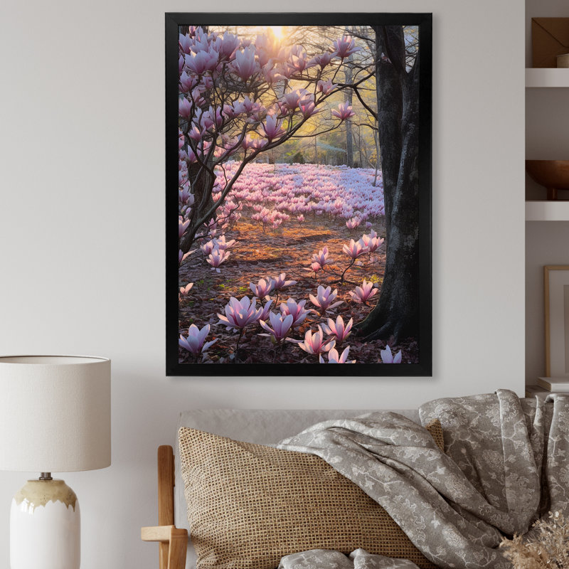 Magnolias roses, photo sur toile, Cadre simple noir, H 20 po x l 12 po x P 1 po