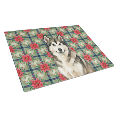 Planche à découper en verre Sable and White Alaskan Malamute Christmas Poinsettas