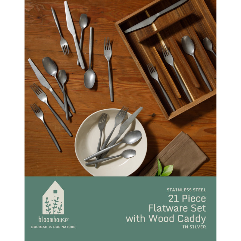 Bloomhouse 20 Piece Stone Washed Flatware 18/10 Stainless Steel Silverware Cutlery Utensil Set With Acacia Wood Caddy 
