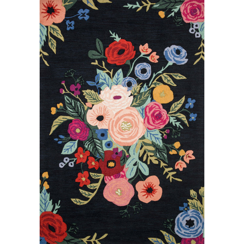 Tapis noir Rifle Paper Co. x Loloi Les Fleurs LES-03, Rectangle 2 pi 3 po x 3 pi 9 po