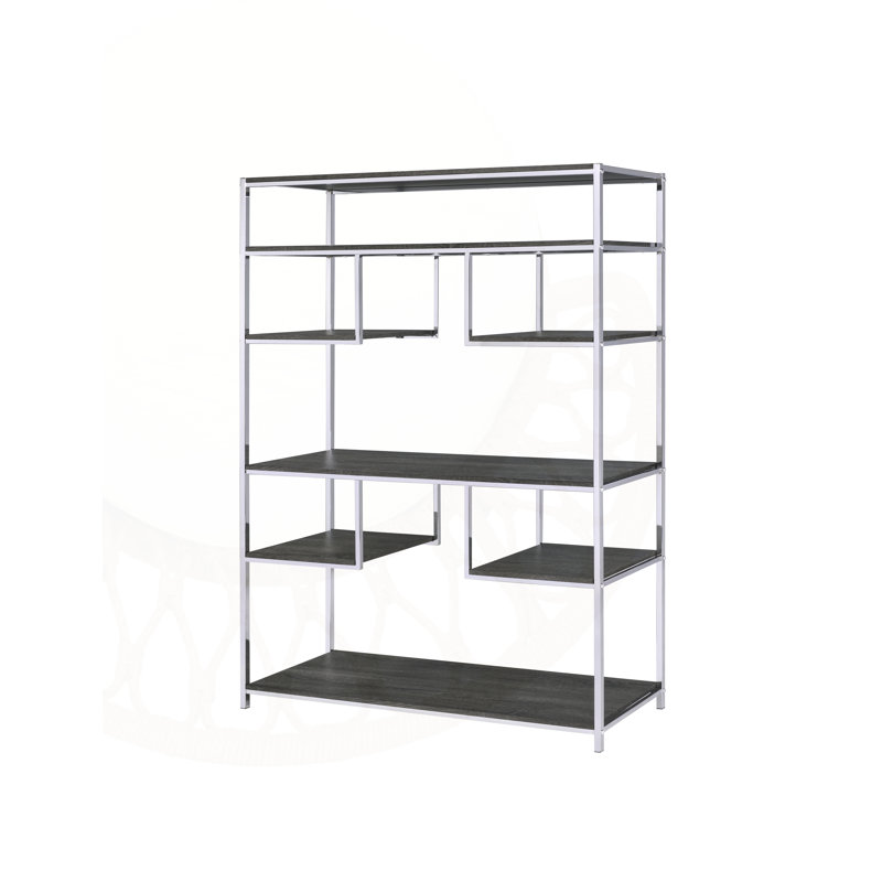 Bibliothèque rustique en chêne gris et chrome avec sept tablettes ouvertes pour des solutions de rangement modernes et élégantes