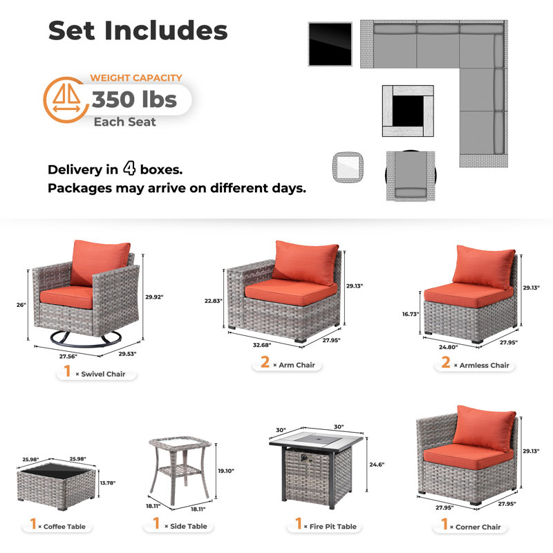 Ensemble de patio modulaire en osier 6 saisons avec coussins, chaises berçantes pivotantes et foyer d'extérieur	