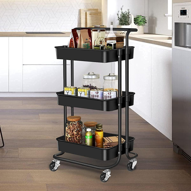 Black 3-Tier Metal Rolling Utility Cart with Casters