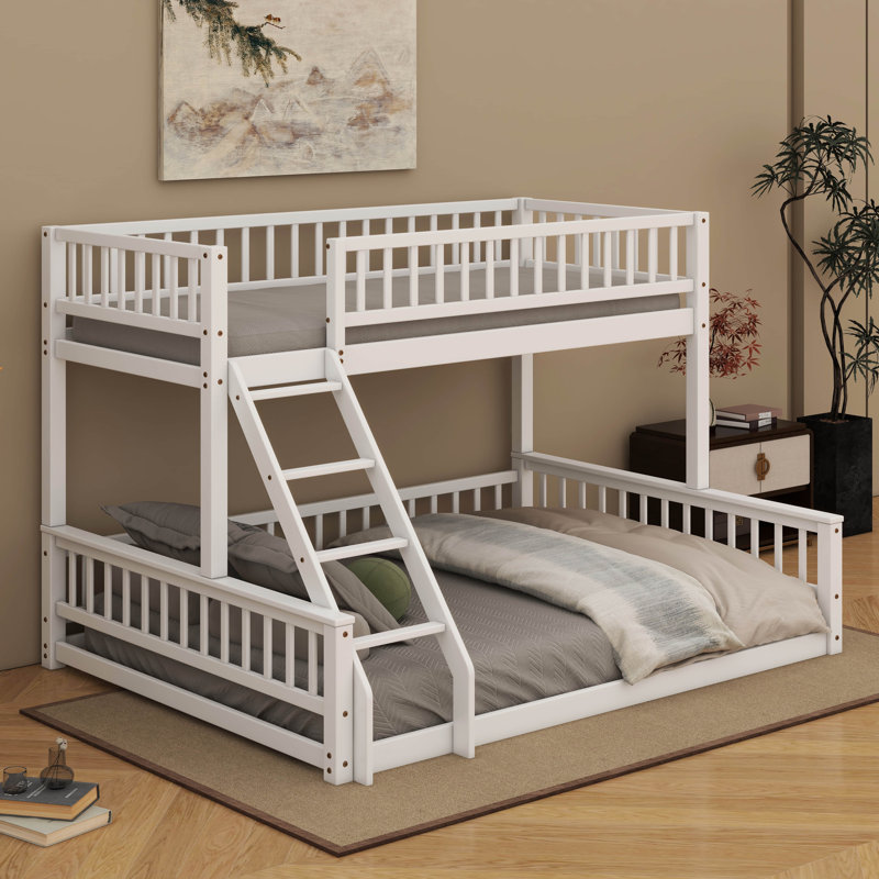Twin XL Over Queen Floor Bunk Bed With Ladder And Guardrails, Bedroom Wood Bunk Bed Frame, Space Saving & Noise Free, No Box Spring Needed
