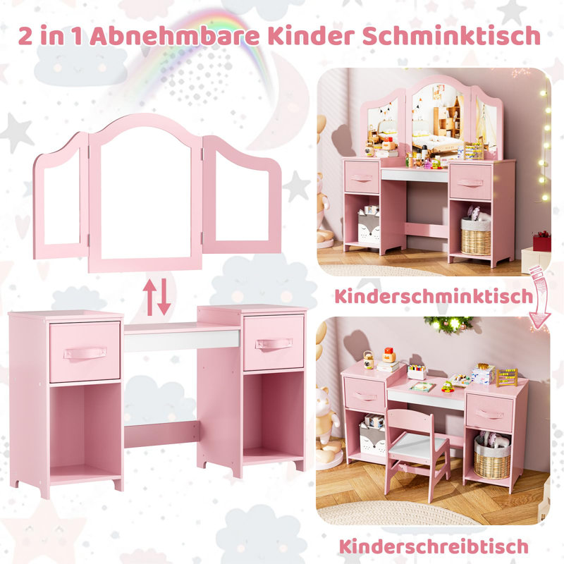 Dressing Table with Mirror, White/Pink