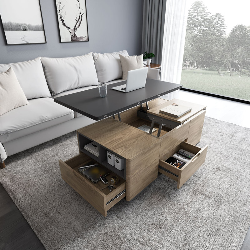 Table basse à plateau relevable moderne avec 4 tabourets, table de centre multifonction 3 en 1, table de salle à manger extensible pour le salon