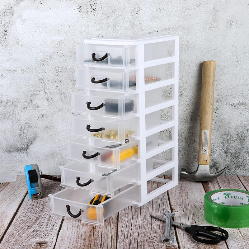 7.1"X5.1"X13.2" Mini Organizer Box Storage Container Case With 7 Clear Desktop Drawer Units,White
