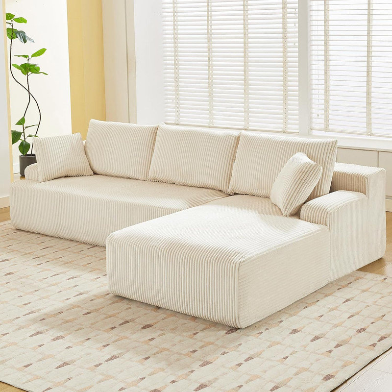 Canapé modulaire de 96 po avec méridienne en L et mousse à mémoire de forme pour salon, sans assemblage, Beige