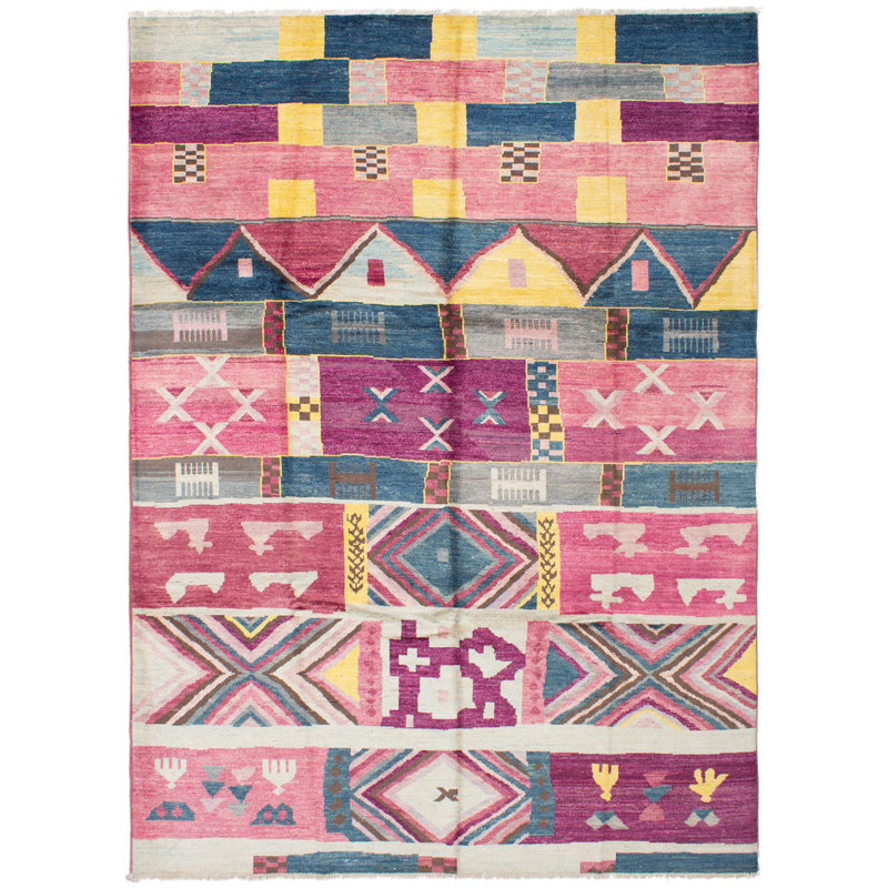 Tapis unique rose / bleu / jaune en laine noué à la main de style années 2010 de 9 pi 2 po x 12 pi 6 po Areez