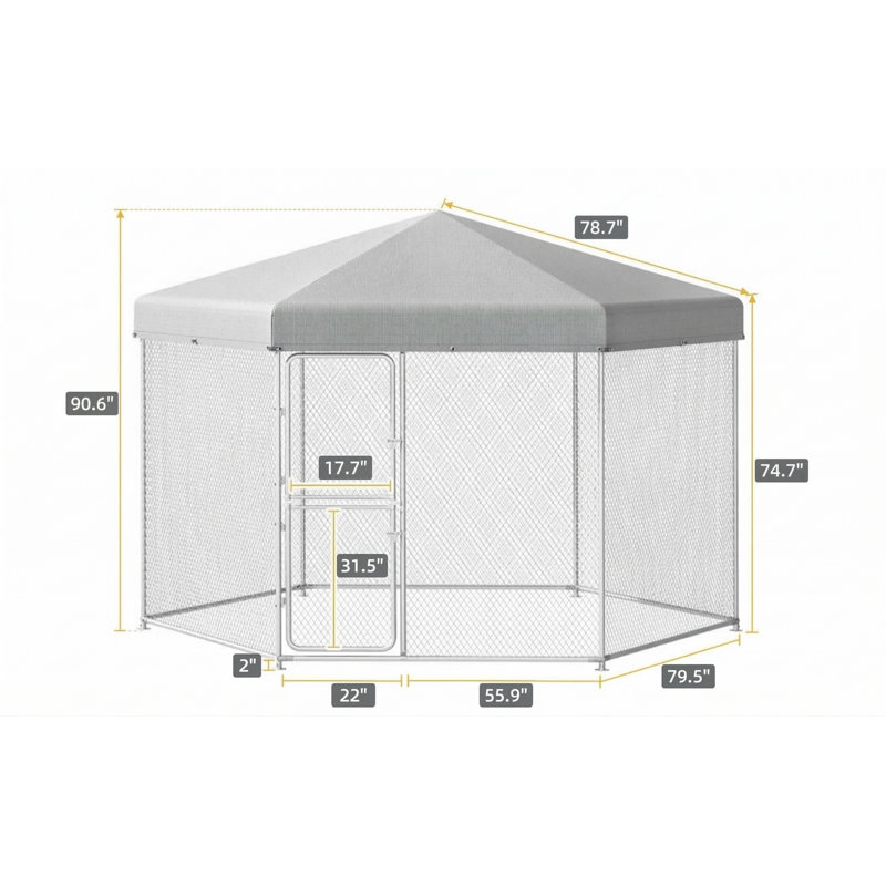 Enclos pour chien spacieux avec toit de protection, dimensions 13,1 x 11,2 x 7,6 pieds, fabrication en acier galvanisé, avec couvercle résistant aux intempéries protégé contre les rayons UV, portes à double accès et clôture grillagée
