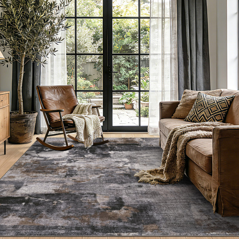 Tapis moderne lavable abstrait pour le salon de la chambre à coucher, Grey, Rectangle 10' x 13'
