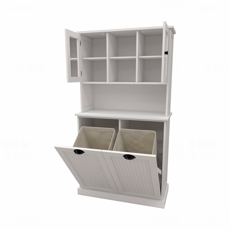 Armoire de salle de bain inclinable à deux compartiments avec panier à linge haut et 2 tablettes réglables, Blanc