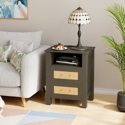 Rattan Nightstands With Charging Station,modern Bedside Stand For Bedroom