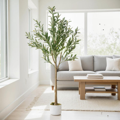 Olive artificielle décorative - fausse plante réaliste avec 22 fruits, tronc en bois naturel et feuilles luxuriantes - verdure en pot - écologique, 135 cm, 22 fruits