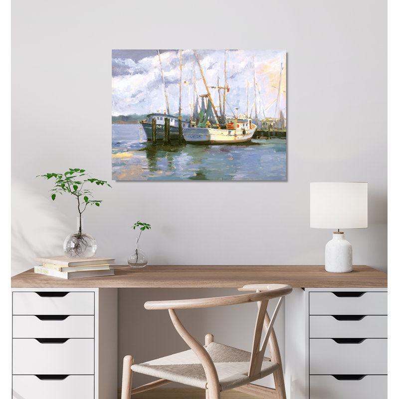 John Beard Collection''s Mayport Shrimp Boats On Giclee Canvas Hand Embellished Art, 40" H x 60" W x 1.75" D