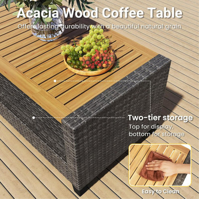 4-Piece All Weather Wicker Outdoor Patio Conversation Set with Gray Cushions and Accacia Wood Table