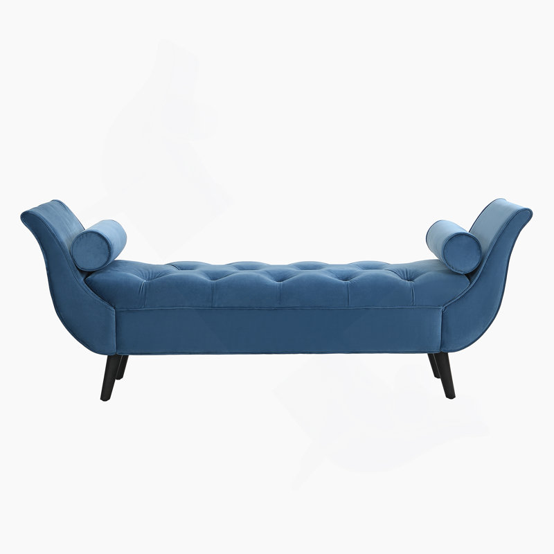 Upholstered Velvet Bench, End Of Bed Bench With 2 Pillows, Upholstered Button Tufted Ottoman,Footstool With Rolled Arms, Foot Rest With Solid Wood Legs, For Entryway, Living Room ,Dining Room,Blue