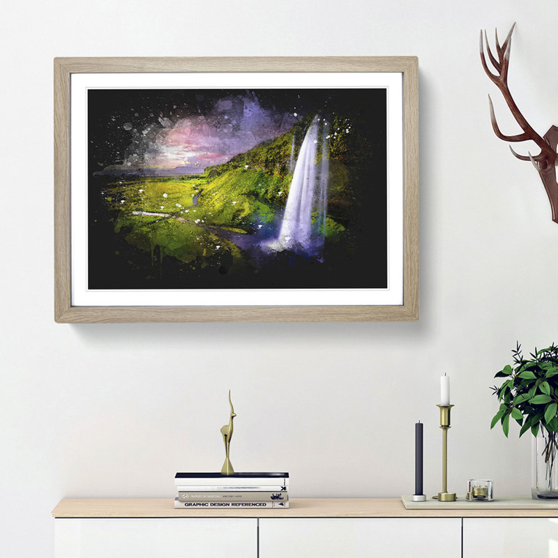 Seljalandsfoss Waterfall Iceland - Picture Frame Graphic Art, 45cm H x 63cm W x 2cm D, Oak Framed