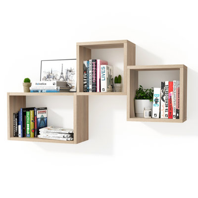  Ensemble de 3 tablettes murales cubiques flottantes pour la découverte de l'espace, chêne clair