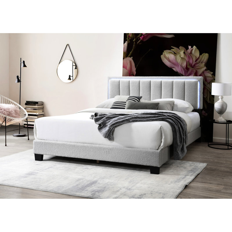 Gray Wool Upholstered Queen Bed With Appealing Tufting Headboard And Built Led, No Box Spring Fabric Bedframe Led, Light Gray