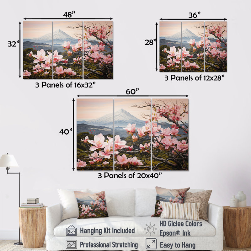 «Magnolias Charm In Mountain Scenery» - Ensemble de décorations murales Magnolias, Toile tendue, H 28 po x l 36 po x P 1 po