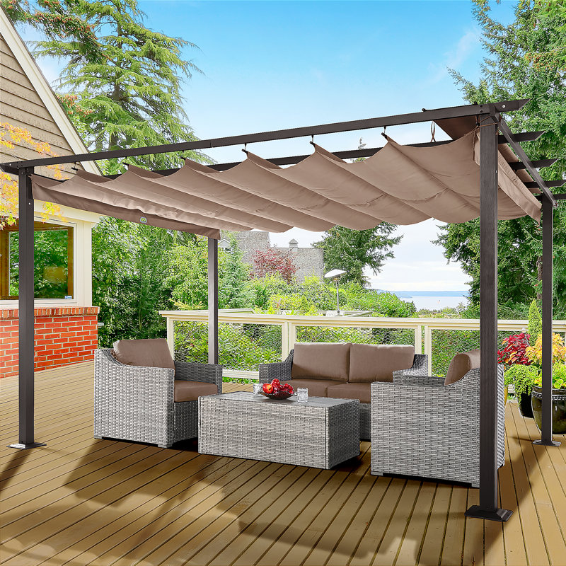 Aluminum Pergola with Retractable Canopy, Brown, 13 ft. W x 10 ft. D
