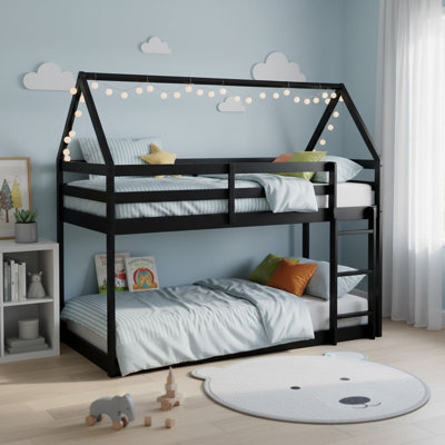 Solid Wood Twin over Twin Floor Bunk Bed with Ladder, House-Shaped Bunk Bed for Boys& Girls