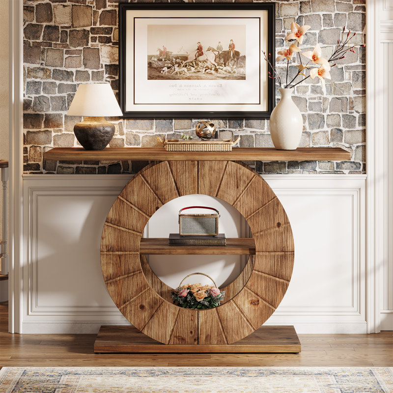 41" Solid Wood Console Table with Storage, 3-Tier Farmhouse Sofa Table with Carved Round Base
