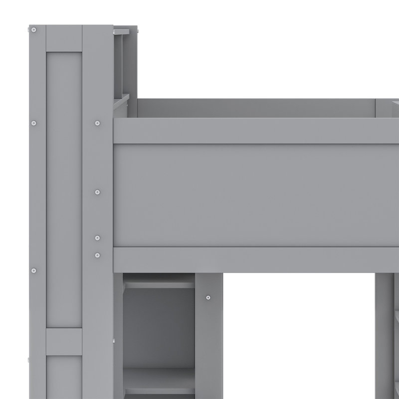Lit mezzanine en bois avec plusieurs tablettes de rangement et garde-robe, Gris