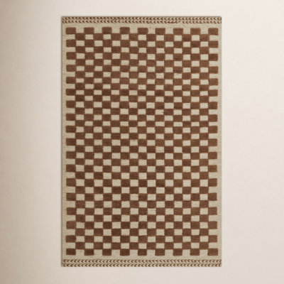 Azle Brown Beige Hand-Woven Checkered Wool Rug