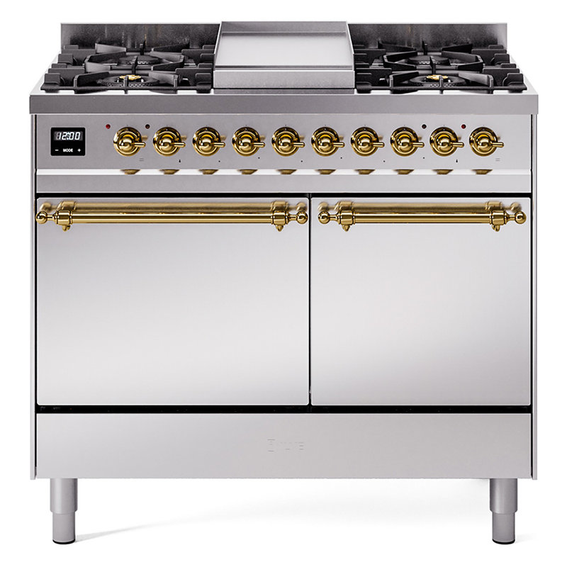 ILVE Nostalgie II Series 40 inch Dual Fuel Range with 6 Sealed Burners, Griddle (Solid Door), Stainless Steel/Brass