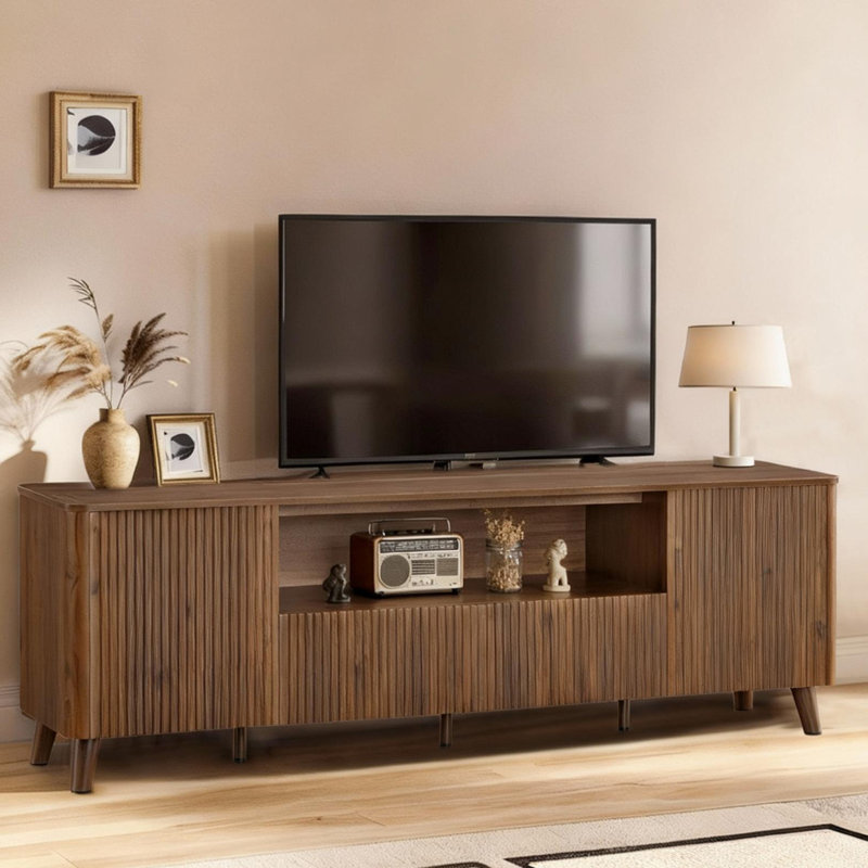 Meuble télé 70 po pour téléviseur de 70 po ou moins avec rangement ouvert, 2 tiroirs et tablettes réglables, Noyer