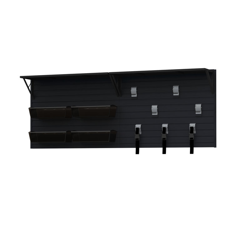 Flow Wall 14 Piece Slatwall Panel, Heavy Duty Shelf, Bin & Hook Storage Set - Slatwall, Black