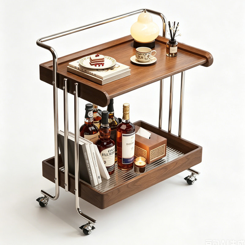 Chariot de table d'appoint mobile en bois d'hévéa brun de 63 cm (24,8 po), à double niveau de rangement latéral