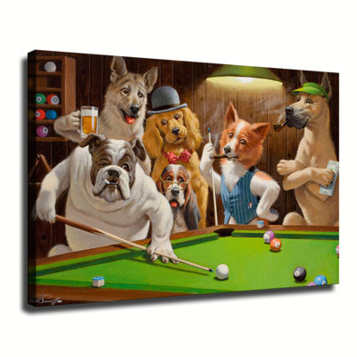 Dog Animal Dog Playing Billiards Canvas Wall Art Framed Ready to Hang Living Room Bedroom Home Decor
