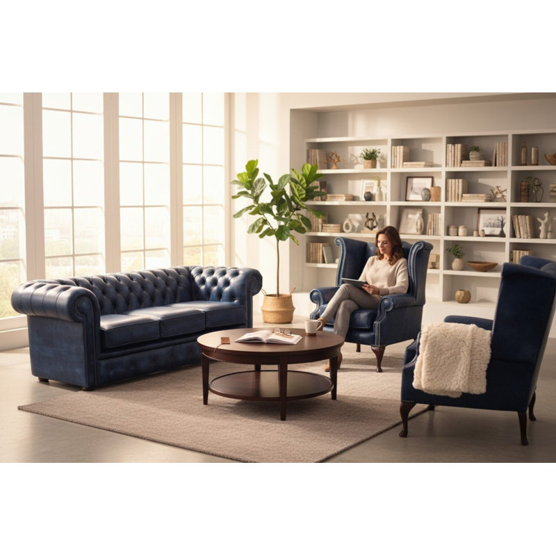 Chesterfield 3 Piece Suite. 3 Seater Sofa + Club Chair + Queen Anne Wing Chair Leather Sofa Suite Offer Antique, Blue