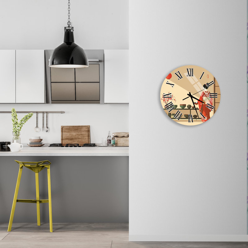 Élégante horloge murale en verre trempé Geisha, décor d'art japonais, beige, idée de cadeau de pendaison de crémaillère, décoration intérieure unique