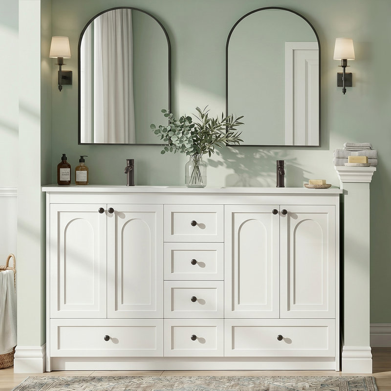 Meuble-lavabo double autoportant blanc 47 po avec comptoir encastré en céramique 47 po